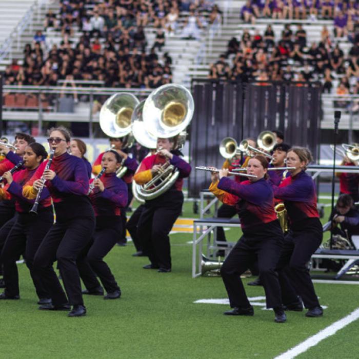 The La Grange (above) and University of Incarnate Word (below) bands performed marching exhibitions Saturday, but were not judged for competition. Photos by Lucy Carr/La Grange yearbook advisor