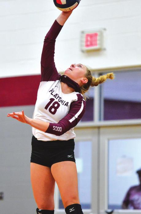 Flatonia’s Carly Siptak jumps up for a hit Tuesday against Shiner. Photo by Stephanie Steinhauser