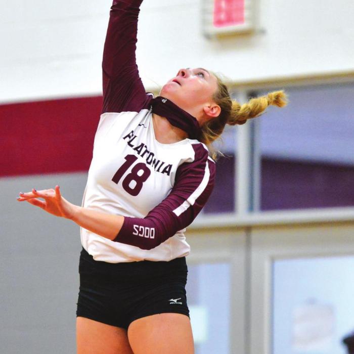 Flatonia’s Carly Siptak jumps up for a hit Tuesday against Shiner. Photo by Stephanie Steinhauser