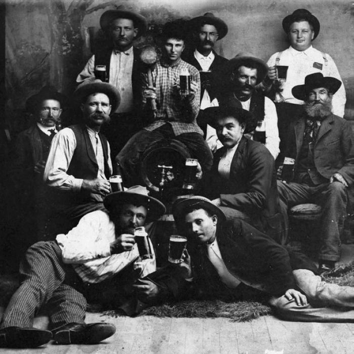 Eleven friends from Schulenburg area posed around a keg of beer, circa 1900. They are identified as John Nordhausen, Alfred Wolters, Bill Voelkel, Henry Skarke, “Old” Kleiber, Christian Gabler, “Old” Miksch, Emil Schultz, Sr., Stanislav Becvar, Franz Rabel, and Huebner (a shoemaker); photo courtesy of the Fayette Heritage Museum &amp; Archives.