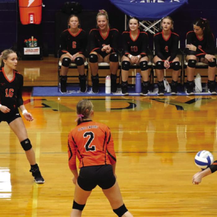 As her teammates look on, Schulenburg’s Haylee Vacek digs a ball in Tuesday’s victory at Rice Consolidated.