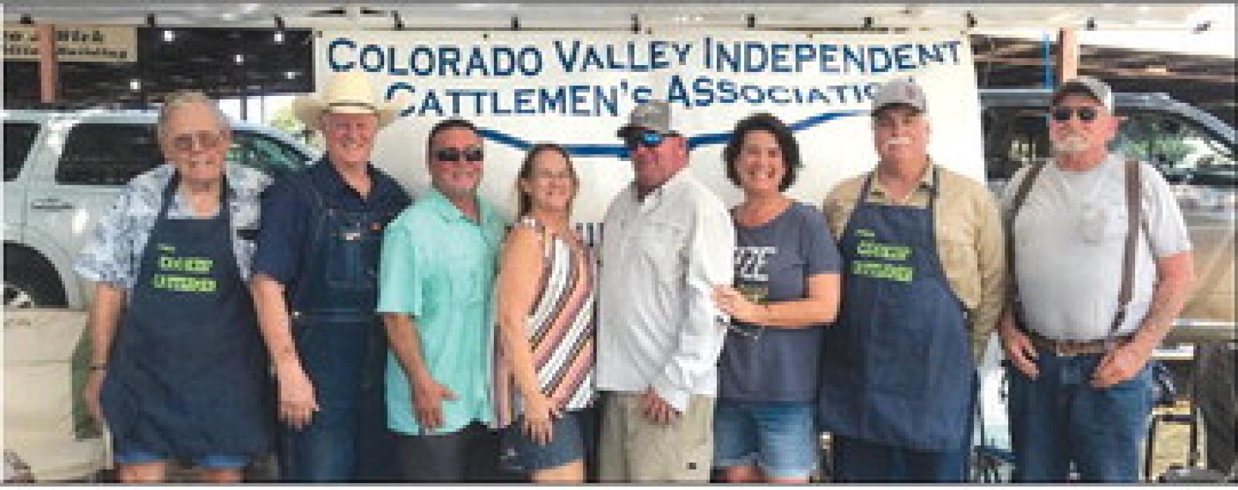 The Colorado Valley Independent Cattlemen’s Association (CVICA) prepared hamburgers for the Fayette County Fair Livestock Show and Sale on Aug. 26, at the Fayette County Fairgrounds. Ron Denham coordinated the event and set up the booth. The following members prepared and served the hamburgers with condiments: (pictured from left) Dr. James Tiemann, DVM, Steve Janda, Ron Denham, Loretta Denham, Bill Sickon, Tara Sickon, Jeff Gau and David Karisch.