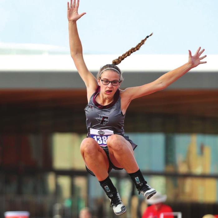Fayetteville’s Brooklyn Jaeger is shown here leaping her way to fifth place in the long jump at state with a distance of 16-6.25. Photo by Scott Coleman