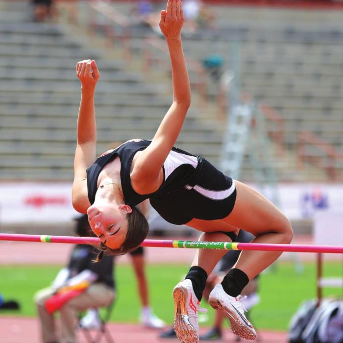 Schulenburg’s Meredith Magliolo is shown here on her way to a second place finish at state in the high jump. She cleared 5-feet, 3-inches to win silver. Photo by Scott Coleman