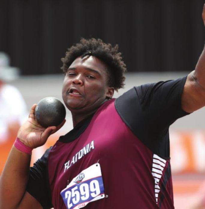 Flatonia’s Kobe Burton placed sixth in the 2A boys shot put with a distance of 49-feet, 11.75 inches. Photo by Scott Coleman