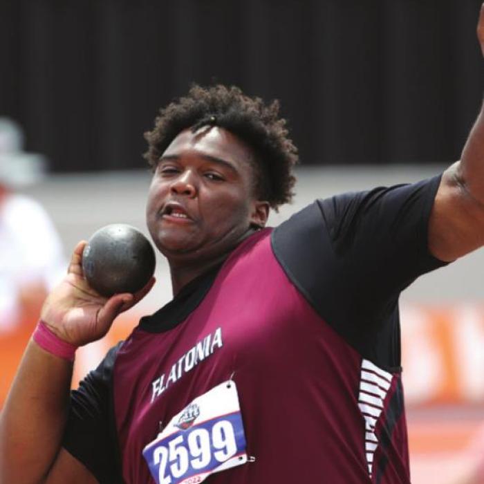 Flatonia’s Kobe Burton placed sixth in the 2A boys shot put with a distance of 49-feet, 11.75 inches. Photo by Scott Coleman