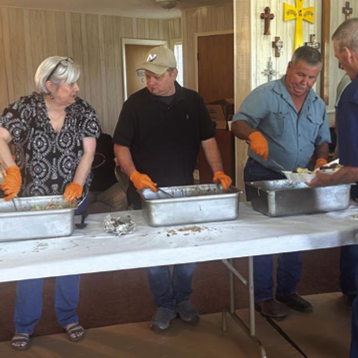 St. John Lutheran served roast beef at their annual drive through dinner fundraiser on October 12. Here is the serving line in the fellowship hall.