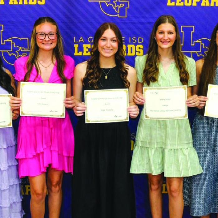 La Grange ISD – Avery Henderson, Ella Janacek, Hope Michalke, Elana Supak, Trinity Yanis. FCAGT Representatives- Donna Neiser and Mark Ulrich