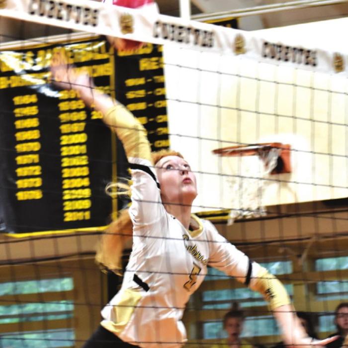 Round Top-Carmine’s Kaysie Ward spikes a ball in Friday’s victory over Richards. Photo by Paul Kipp