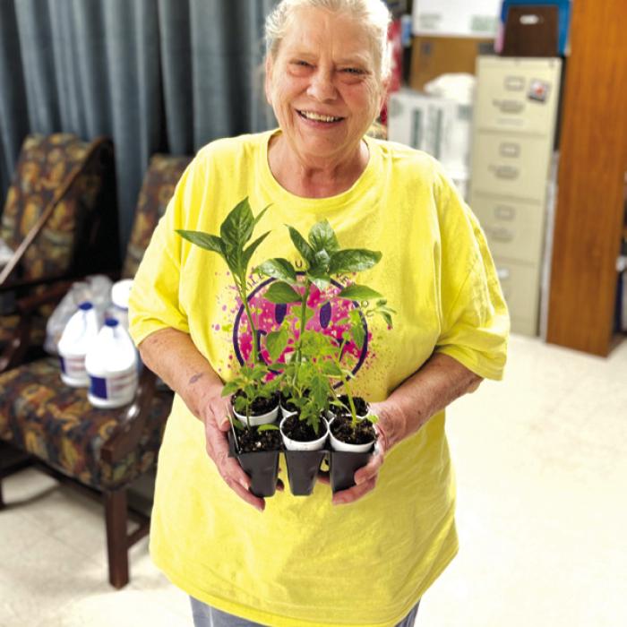 Doug Janda with Hostyn Greenhouses donated tomatoes and pepper plants to members. Annette Jasek is pictured with her selection.