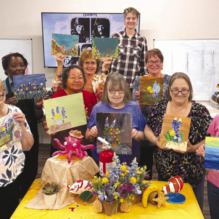 In Jaime Janda’s Artful Friday class students were tasked to paint a still life. Whether they chose to focus on one small section or a large portion of the display, each of them created something very individual and unique. Pictured are Maxine Farley, Deborah Jones, Amparo Salinas, Nancy Hillary, Verna Lenth, Jaime Janda, Sharon Fredrick, and Kim Penland.