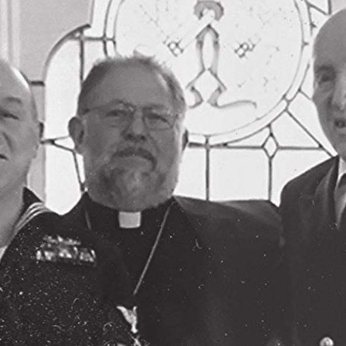 Gene (right) and his son, Gary, (left) who is a Navy veteran, wear their dress blue uniforms at Veterans Day ceremonies and their dress whites on Memorial Day in honor of their country and those who served it. The Wessels are pictured with the Rev. Herb Beyer of Prairie Valley Lutheran Church in 2019.