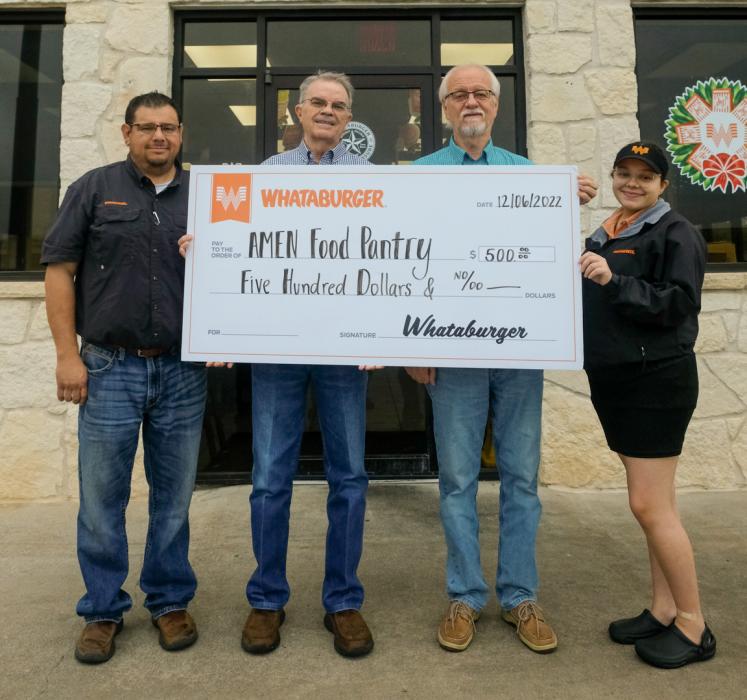 Pictured (from left) are Whataburger Field Brand Marketer Curt Harbers, Deters, Garry Schellberg of AMEN Food Pantry, and La Grange Whataburger Manager Elisabeth Zamora.