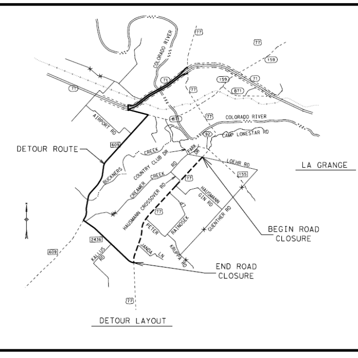 TxDOT announced its plans to close a section of US 77 south of La Grange from June 19 to 23 while workers replace a box culvert under the roadway. Motorists will have to bypass the road closure through Hostyn via FM 2436 and FM 609, as indicated on the map above.