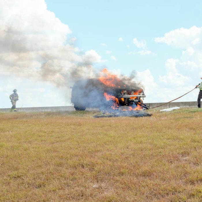 A Nissan Pathfinder burned in a fire on SH 71 Bypass at the east end of La Grange near Ellinger Highway on Tuesday, Sept. 5. Photo by Andy Behlen