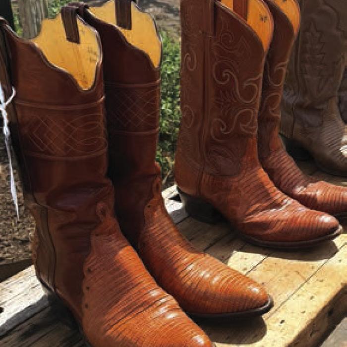 This pair of boots on the left was for sale for $1,695 in Round Top Friday. Photo by Andy Behlen