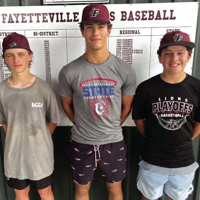 The state-semifinal bounds Fayetteville Lions have three new starters this season who weren’t on last year’s state title teams, left to right: freshman catcher Slade Cejka, junior designated hitter Enoch Loafman and freshman second baseball Jacob Muzny. Photo by Jeff Wick