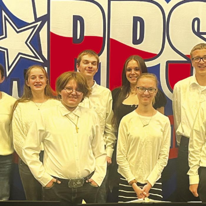 Choir members are: Elizabeth Richardson, Chloe Shaver-Sump, Rayli Woelfel, Isabella Bradley, Miriam Meyer, Hudson Stueber, Kaylee Wolff, Elijah Kueck, Daniel Lehmann and Jay Woelfel. The choir is directed by music instructor, Dan Schaefer.
