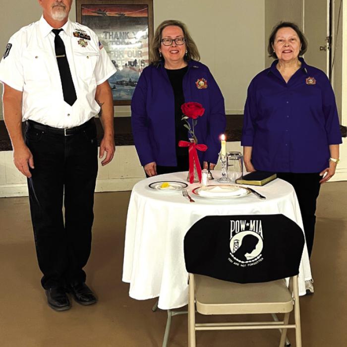 Veterans of Foreign Wars, Fayette Memorial Post No. 5254 and Auxiliary of La Grange held a POW/MIA Remembrance Ceremony at their Tuesday, Sept. 19, monthly meetings. Presenting the ceremony that represents saving a place for the missing man were from left, VFW Sr. Vice Commander Richard Gray, VFW Auxiliary Secretary Elizabeth Kallus and President Marilyn Kothmann. We are to continue to Remember. Until the day they come home.