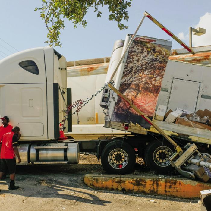 The impact of the train cut the trailer in half. The front part of the trailer and the cab spun around and took out the cross arm pole. Photos by Andy Behlen