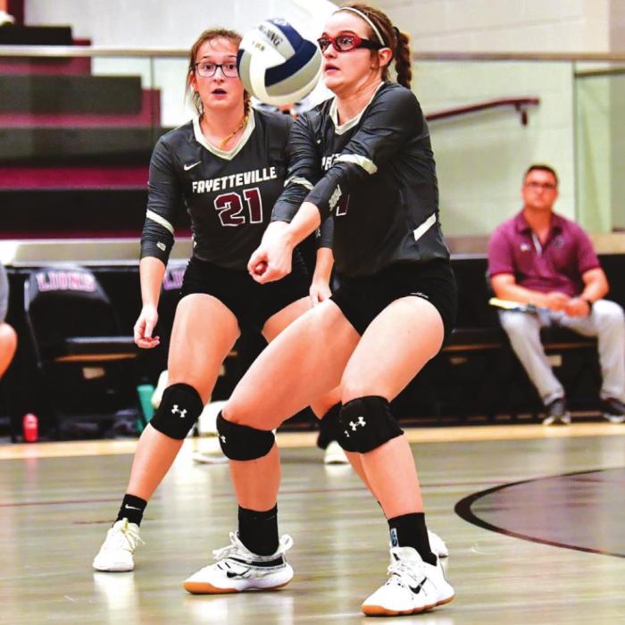 Marissa Rohde and Brooklyn work defense for The Lady Lions against The Flatonia Lady Bulldogs. Photo by Stephanie Steinhauser