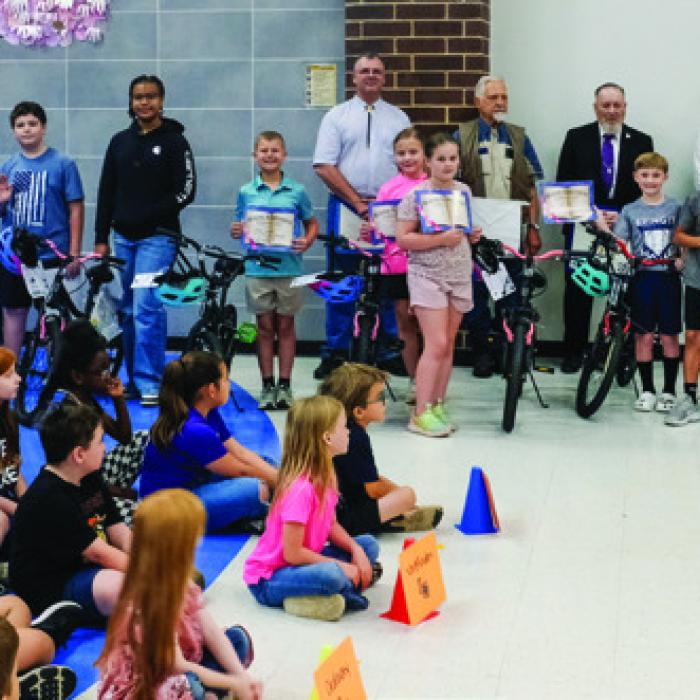 Last Friday, the La Fayette Masonic Lodge No. 34 of La Grange presented bicycles to the boy and girl in each class at La Grange Elementary who improved the most in reading. Those students were: First Grade - Linken Farris and Kennedy Zarosky, Second Grade - Austin Rhodes and Hannah Mash, Third Grade - Waylon Hayes and Jana Corder, Fourth Grade - Keigan Lambert and Coral Hrbacek, Fifth Grade - Mitchell Cherry and Kayla Moore, and Sixth Grade - Christopher Angel and Rylee Covin. Photo by Andy Behlen