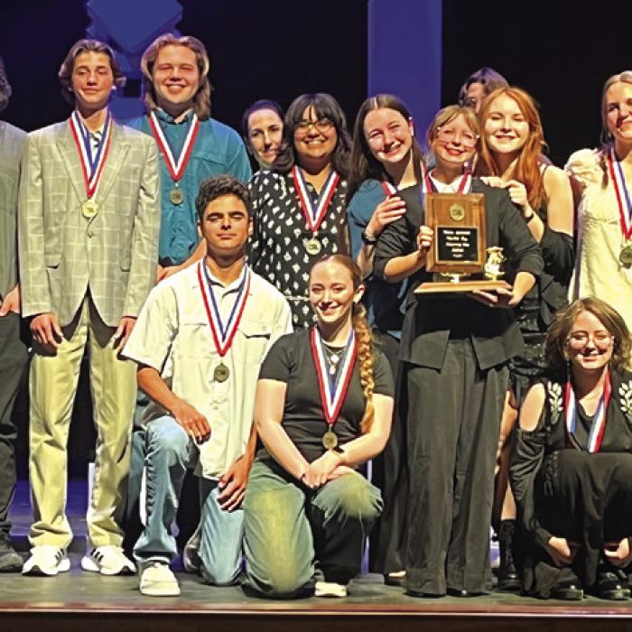 The La Grange High School One-Act Cast and Crew pose on the stage Thursday in Caldwell are learning they advanced to Bi-District.