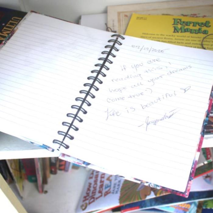 The Lamplighters have a journal in their Free Little Library for people to write in when they borrow a book. In the entry to the left, a 5-year-old named Abby drew a picture and said, “Thank you for this library.” In the entry on the right, someone wrote “If you are reading this, I hope all your dreams come true.”