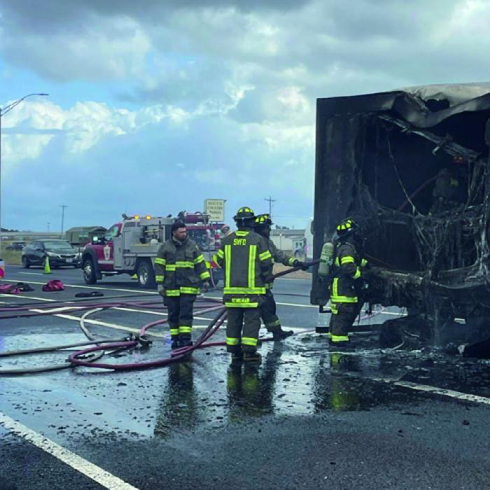 Schulenburg volunteer firefighters extinguished a fire that severely damaged the trailer of an H-E-B 18-wheeler on Interstate 10 Saturday afternoon. Photo courtesy of Schulenburg VFD