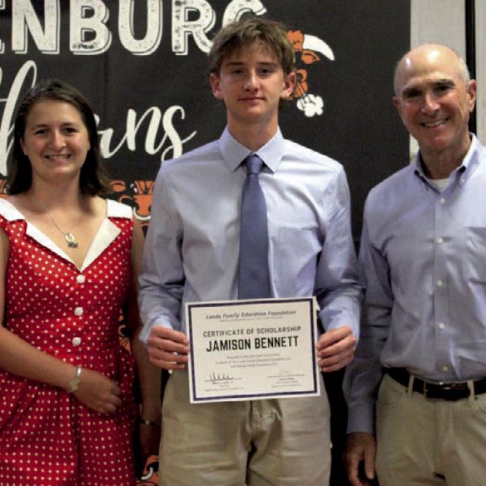 Pictured from left is: Liberty Killion, 2021 Clark Scholar; Jamison Bennett; John C. Landa, Jr., Landa Family Education Foundation, President.