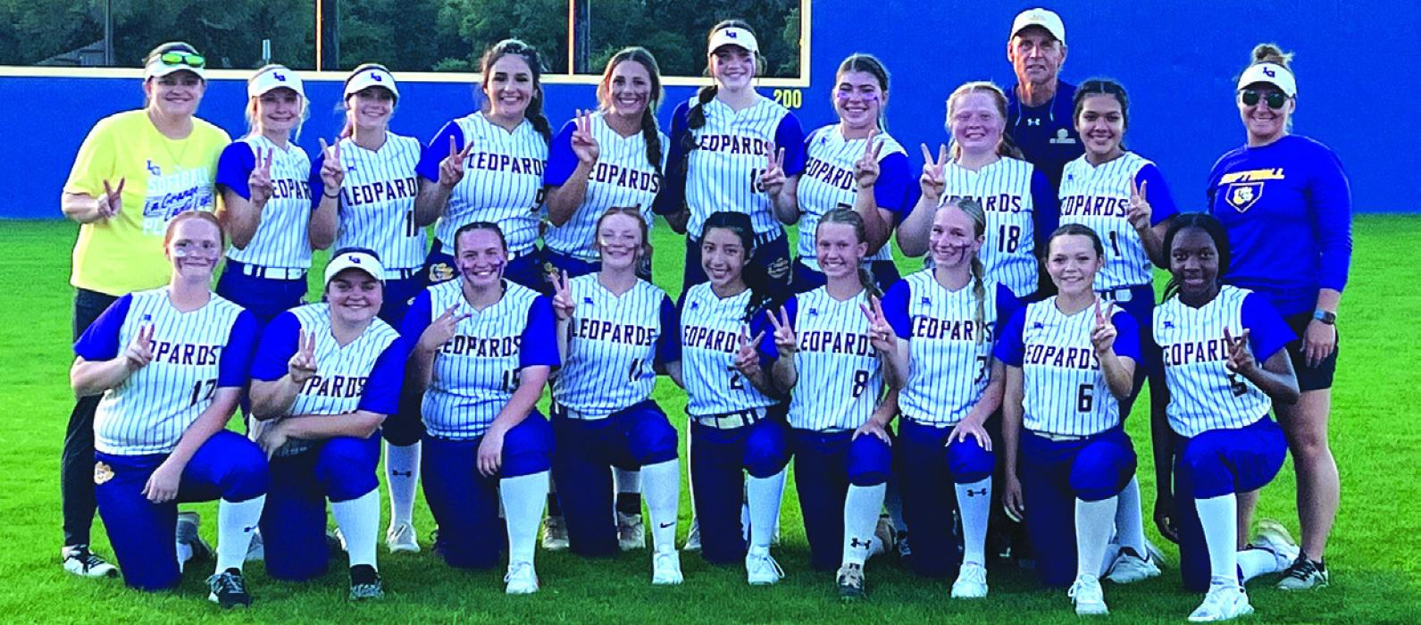 The members of the La Grange varsity softball team pose Thursday in Rice after their 23-0 victory over Houston Wheatley in the opening round of the 4A playoffs. The Lady Leps now advance to face Salado in the second round. Details of that match-up were not finalized as of press time. Photo courtesy of Megan Cooper