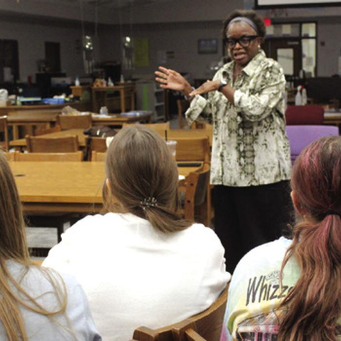 Kathleen McElroy speaking to LGISD students last year.