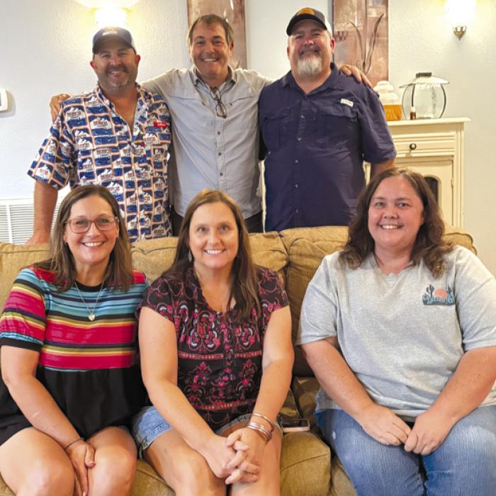 Chris Brugger celebrated his 50th birthday at his home on Sunday, Sept. 7 with his family. His is pictured here with cousins Shannon Grabarkewitz, Heather Zbranek, and sister Sheila Brugger. In the back row is Chris, cousin Mikey Brugger and brother Tim Brugger.