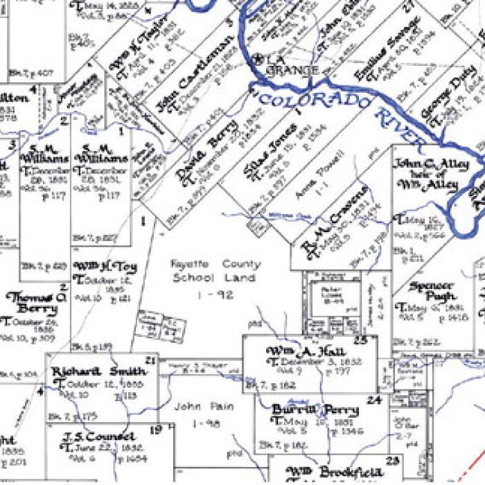 Local surveyor William Bernsen of Plum provided this image of a map he owns showing the boundaries of land abstracts in Fayette County. In the center of the image is an abstract named “Fayette County School Land.” This land was granted by Texas for the benefit of public schools in Fayette County. The land was subsequently sold to private owners with the proceeds dedicated to the schools. Image courtesy of William Bernsen