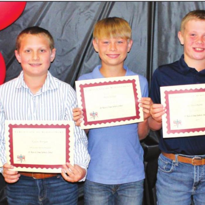 5th Grade, front from left: Holden Holub, Mallory Bonner, Nolan Morgan, Brett Hollas, Bo Brossmann, Weston Hollas, and Caroline Bartek.