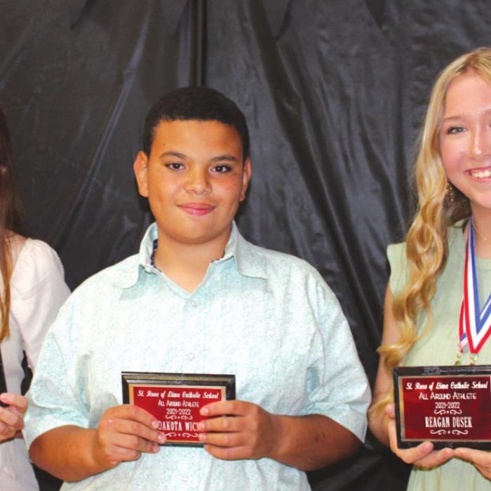 Recognized as St. Rose of Lima Catholic School All Around Atheletes are (from left) eighth graders Landry Zapalac, Dakota Wick and Reagan Dusek.