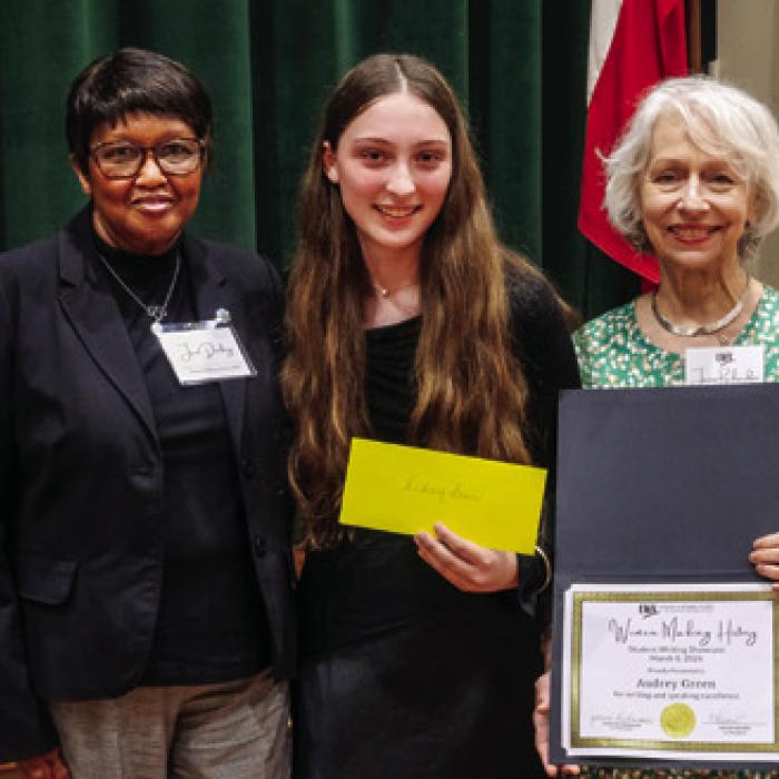 TWL presented a student writing showcase award to Audrey Green of La Grange High School for an essay about La Grange Mayor Jan Dockery. Pictured (from left) are Dockery, Green and TWL chapter co-president Janis Richardson.