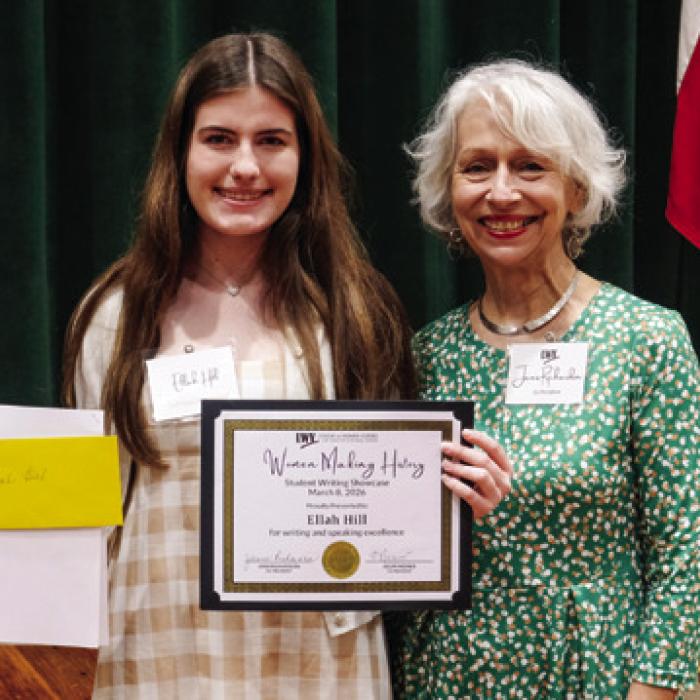 TWL presented a student writing showcase award to Ellah Hill of La Grange High School for an essay about Annie Webb Blanton. Pictured (from left) Hill and TWL chapter co-president Janis Richardson.