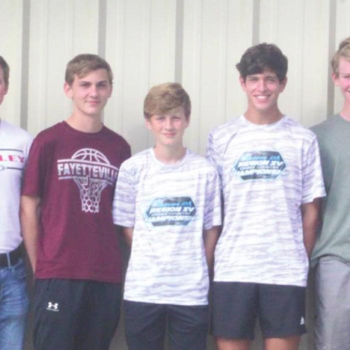 The members of the Fayetteville boys cross country team: Coach Mitch Madden, Austin Townsley, Logan Fritsch, Ty Knight, Cole Fenhaus, Keagan Supak, Cash Smith, Jake Kubala, Kolton Vasut. Not shown, Jose Aparicio. Photo by Brian Pierson