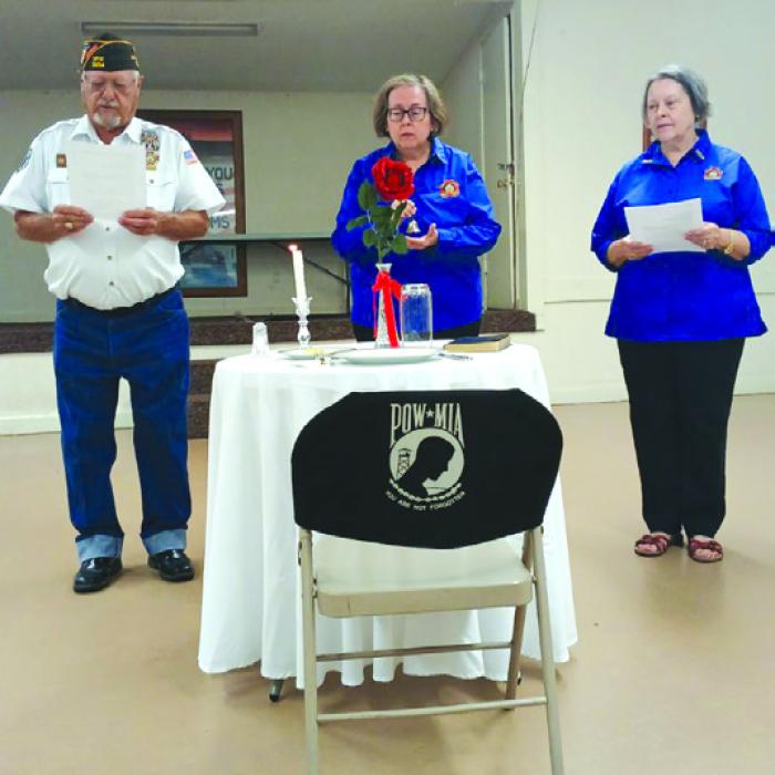 Veterans of Foreign Wars, Fayette Memorial Post 5254 and Auxiliary of La Grange held a POW/MIA Remembrance Ceremony at their Tuesday, Sept. 17, monthly meeting. We continue to remember until the day they come home. Presenting the ceremony that represents saving a place for the missing man were from left, VFW and Auxiliary members Glen Altwein, Elizabeth Kallus, and Marilyn Kothmann.