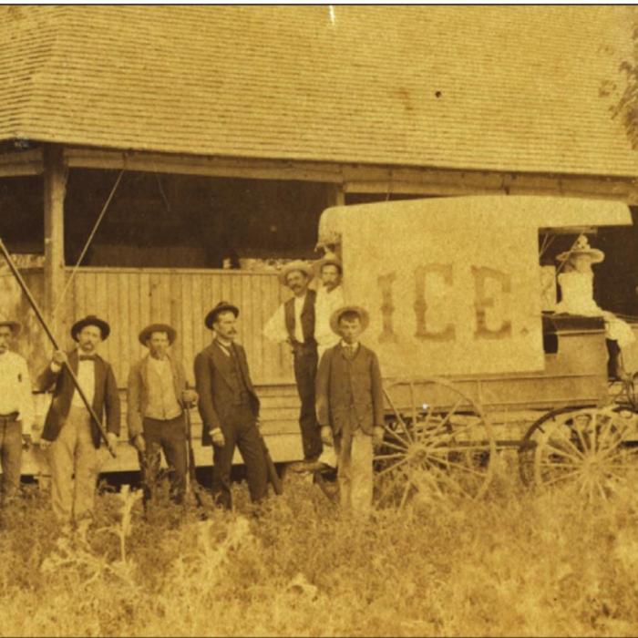 The Kreisches waving the Frisch Auf banner in front of the Schuetzen Verein pavilion. Heinrich Kreische is at the head of the horse and Henry Louis Kreische is holding the banner. Photo courtesy of Gavin Miculka, Kreische Brewery and Monument Hill State Historic Sites