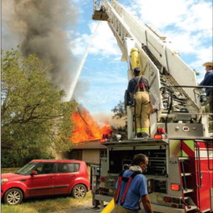 Flatonia Fire and Rescue’s Tower 3 ladder truck proved to be instrumental in battling the downtown fire on Monday.