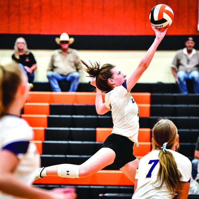 La Grange’s Hailey Hill tips the ball over in Tuesday’s match against Smithville.