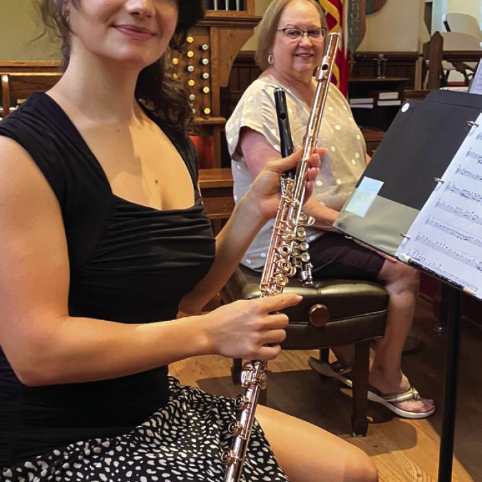 Flutist Isabelle Jamois with her 14K gold flute with rose gold mouthpiece and Pianist Mary Ann Hatfield at the St. James’ Steinway piano, rehearsing for “The Voice of Freedom” in script and song at St. James on Friday, June 26 at 7 p.m. and Saturday, June 27, at 3 p.m. Free in celebration of America’s 250 anniversary.