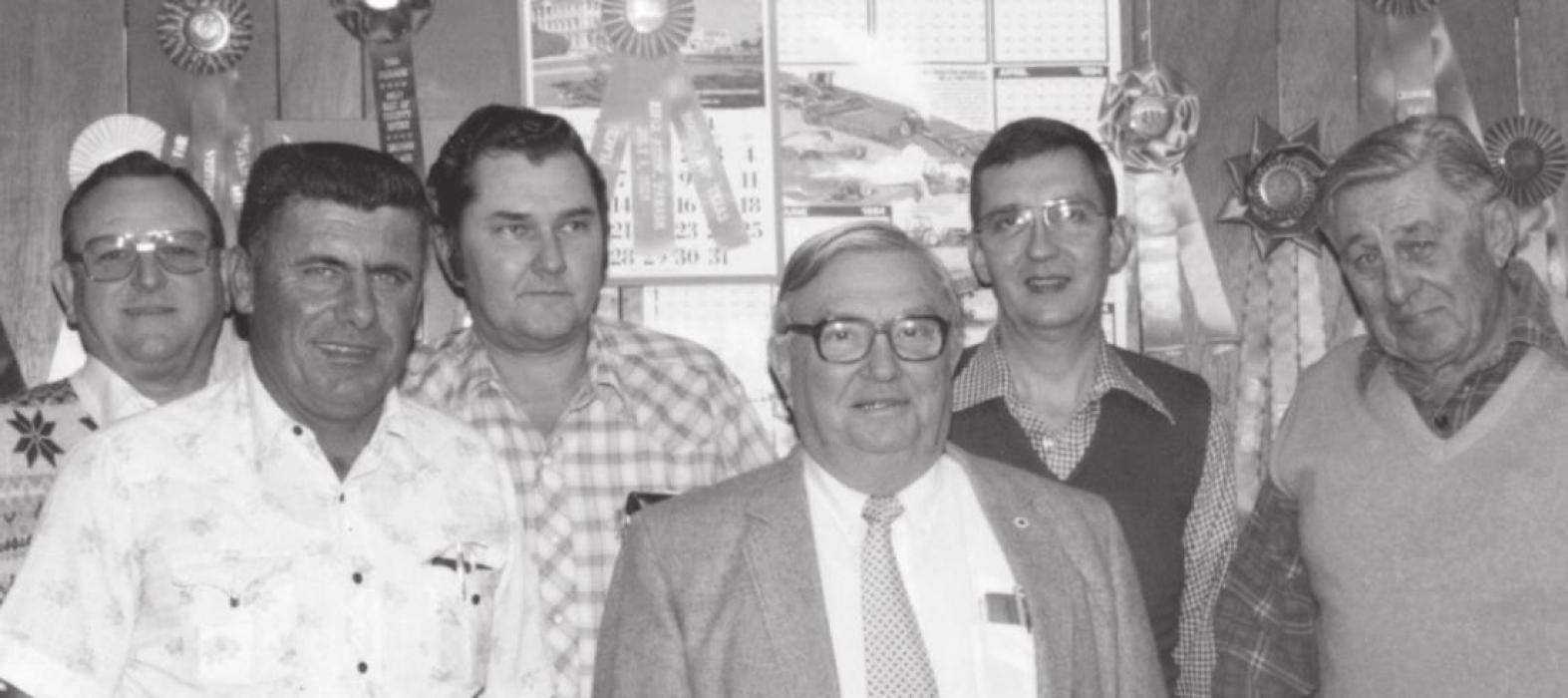 The 1985 Fayette County Fair Association Board officers were (left to right): Harvey Dippel, second first president; Leo Wick, president; Theo Svec, first vice president; Aubrey (Red) Voelkel, treasurer; William (Billy) Koehl, secretary; and R.J. (Dick) Edwards, general manager. Photo courtesy of the Fayette Heritage Museum and Archives