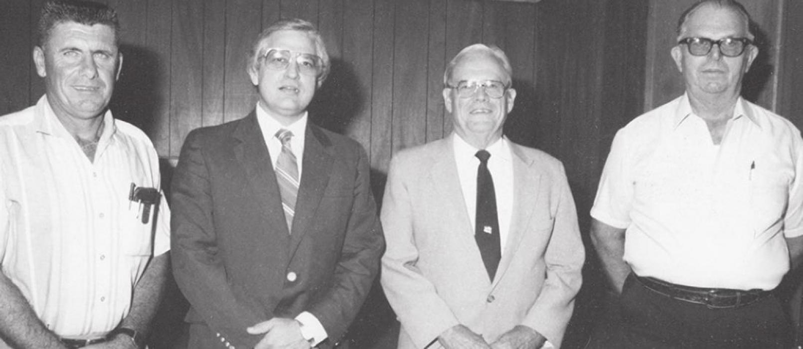 1986, VFW Post 5254 and the Fayette Fair Association hosted Fayette County and La Grange officials at an appreciation event. (Left to right): Fair President Leo Wick, Fayette County Judge Dan R. Beck, La Grange Mayor Charlie Jungmichel and VFW Post 5254 Commander Harvey Mueller. Photo courtesy of the Fayette Heritage Museum and Archives.