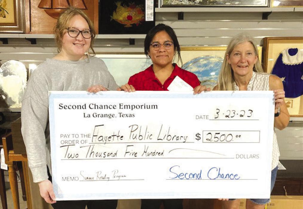 Second Chance Emporium recently donated $2,500 to the Fayette Public Library. Monies donated will be used to support the Summer Reading Program at the library. The Summer Reading Program provides fun and educational events to encourage reading. Pictured from left to right: Kelly Ceder-Ryba, Library Circulation Manager; Carol Perales-Library Program Coordinator; and Gayle Schielack, Second Chance Emporium Store Director.