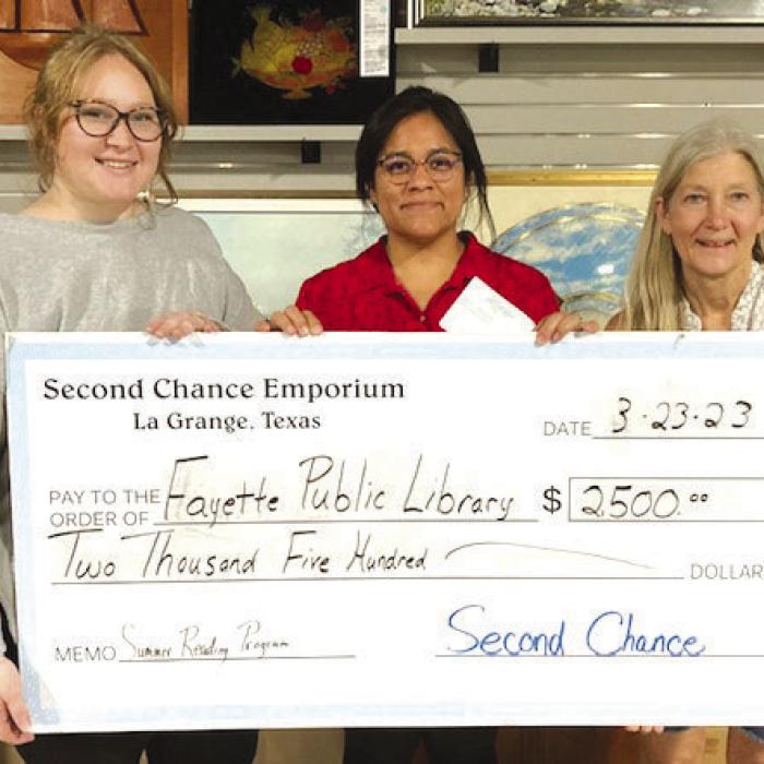 Second Chance Emporium recently donated $2,500 to the Fayette Public Library. Monies donated will be used to support the Summer Reading Program at the library. The Summer Reading Program provides fun and educational events to encourage reading. Pictured from left to right: Kelly Ceder-Ryba, Library Circulation Manager; Carol Perales-Library Program Coordinator; and Gayle Schielack, Second Chance Emporium Store Director.