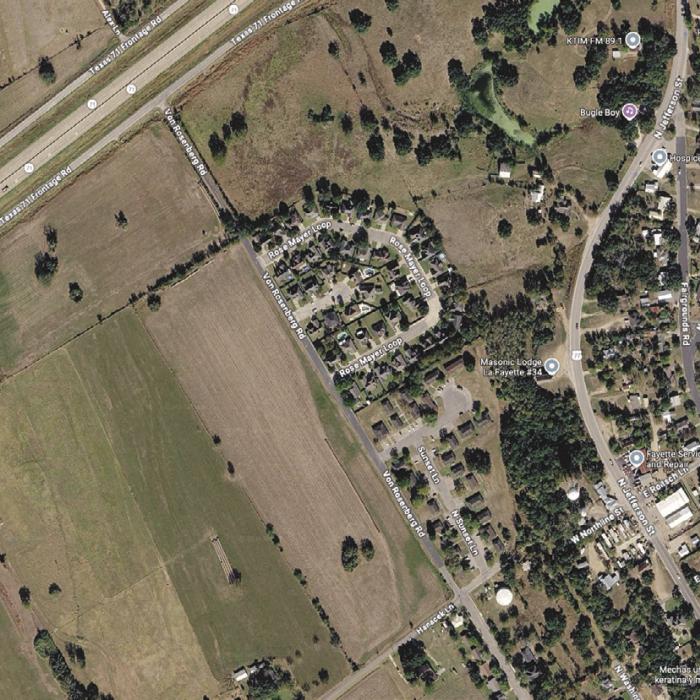 Pct. 1 Commissioner Jason McBroom wants the City of La Grange to take over maintenance of a section of Von Rosenberg Rd. that connects the Sunset Ridge Subdivision to the rest of the town. The yellow shaded line on the map indicates the approximate length of Von Rosenberg Rd. in question. Imagery from Google Maps