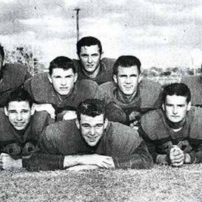 Seniors in the 1953 La Grange Leopard football squad were: (front row, left to right) Edward Weeren, Mike Smith, Dale Mitchell, Robert Belota and Moose Roberts. (Back row, left to right): Dickie Ehlert, Charles Hengst, Terry Brugger, Ralph Rosenberg and Frank Kallus.
